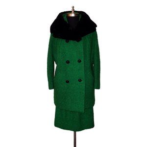 Vtg 60s 2 PC Boucle Wool Mouton Fur Skirt Suit M